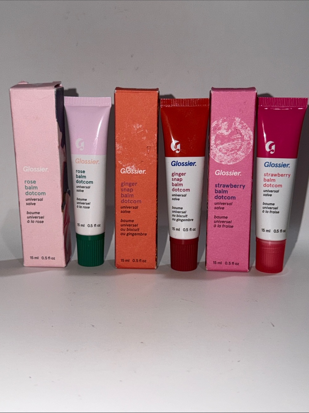 GLOSSIER BALM DOTCOM UNIVERSAL SALVE BUNDLE:Rose, Ginger Snap+Strawberry F/S NIB